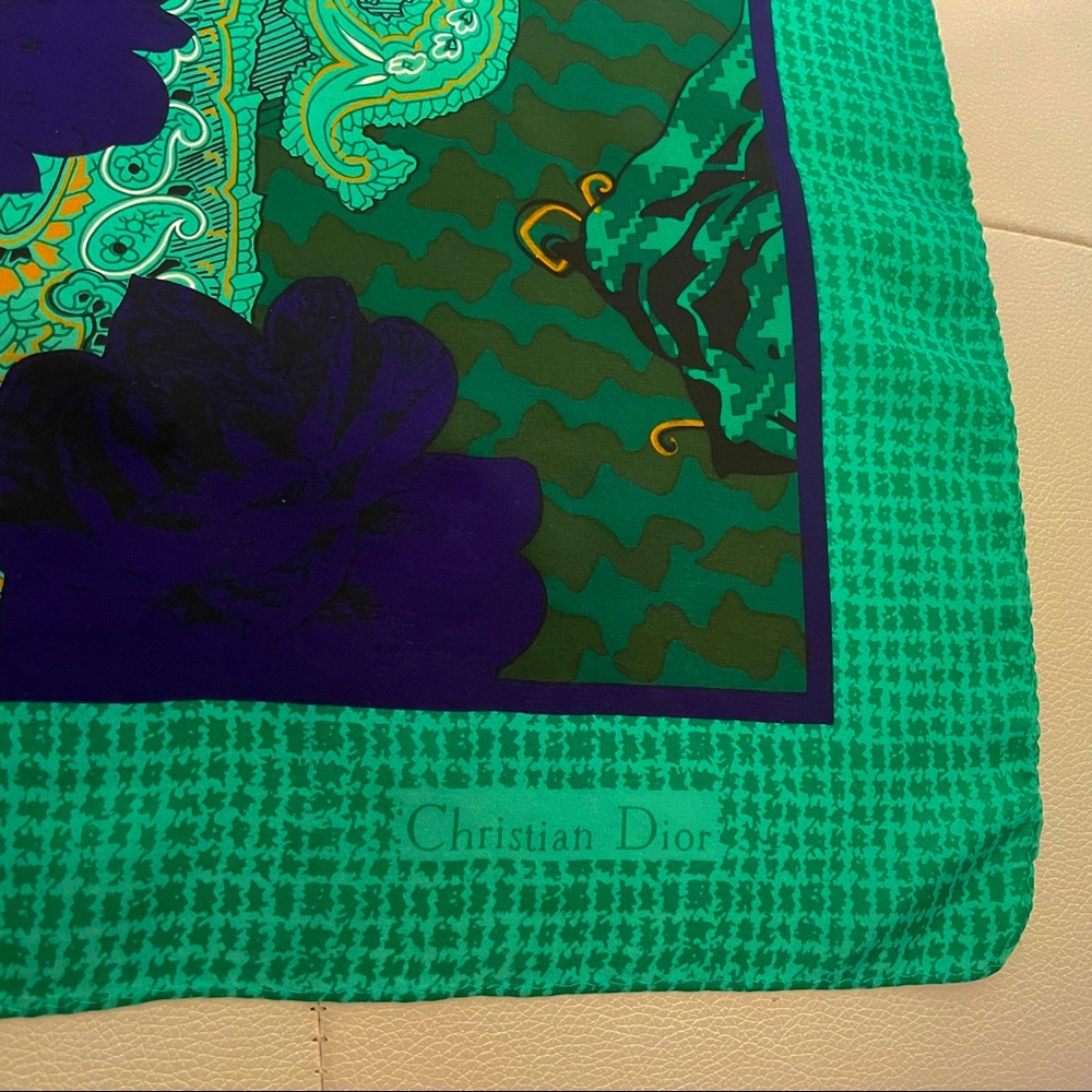 Christian Dior "Autumn Green Hues Violet Floral & Palsey" Silk Scarf - Picture 3 of 7